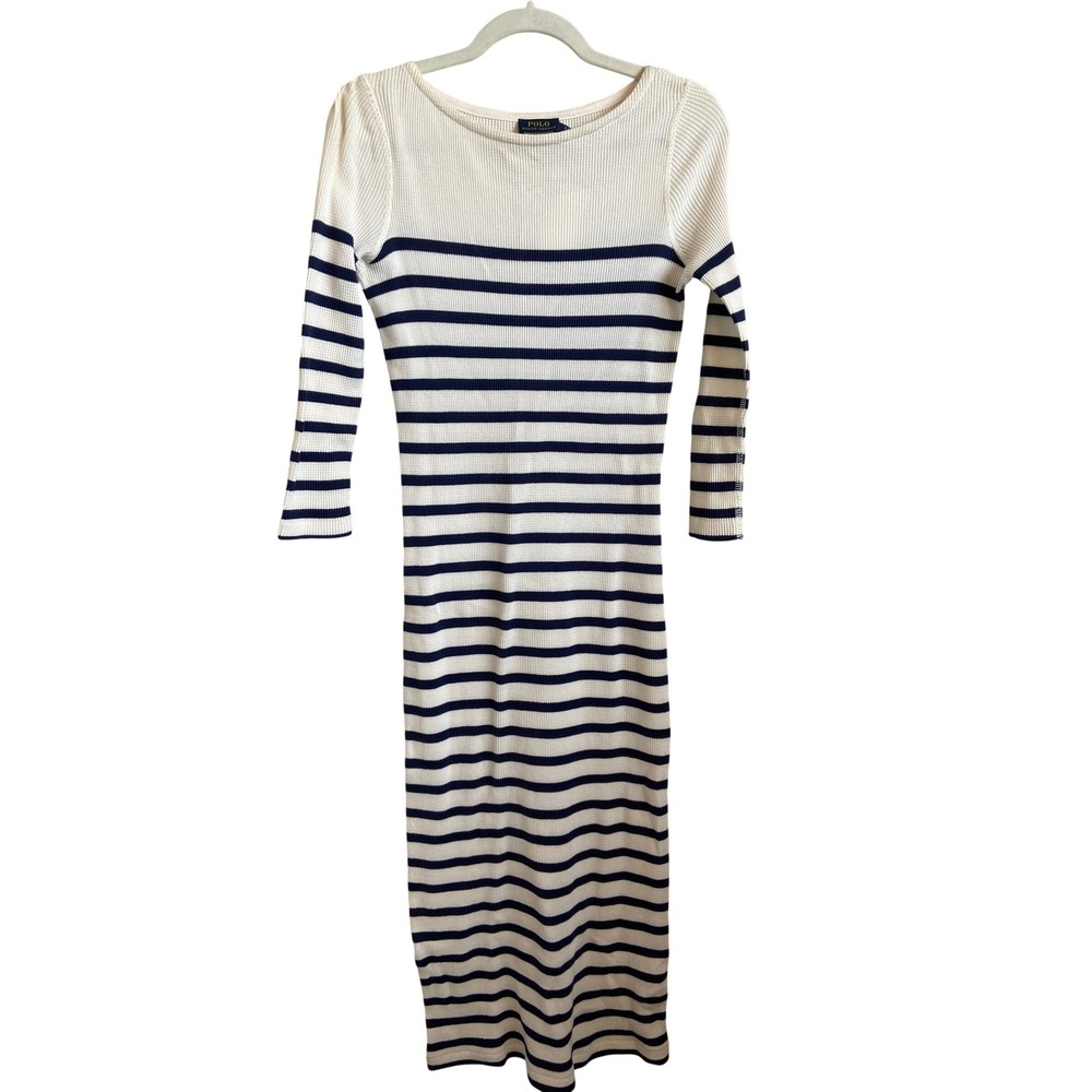 Polo Ralph Lauren Waffle Knit Striped Midi Dress Navy Cream S/P